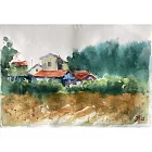 【玲廊滿藝】鄭素雲-美濃往中壇的鄉村景色，16K水彩速寫19x27cm