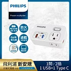 PHILIPS 飛利浦一開二 65W 1A+1C PD+QC4.0多功能壁插轉接器 (附加USB充電座) CHP9026-2色可選 白色