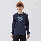 ADISI 童圓領圖騰雲彩紗透氣快乾保暖上衣(熊) AL2421039 (130-160)｜磨毛 輕量 排汗 速乾 彈性 130 深藍