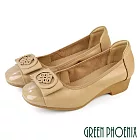 【GREEN PHOENIX】女 楔型鞋 跟鞋 包鞋 粗跟 真皮 漆皮 方頭 蝴蝶結 OL 通勤 面試 JP23 杏色