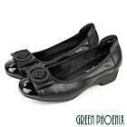 【GREEN PHOENIX】女 楔型鞋 跟鞋 包鞋 粗跟 真皮 漆皮 方頭 蝴蝶結 OL 通勤 面試 JP23 黑色