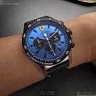 FERRARI法拉利精品錶,編號：FE00100,46mm圓形銀精鋼錶殼寶藍色錶盤真皮皮革深黑色錶帶