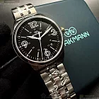 WAKMANN威克曼瑞士錶,編號：WA00051,40mm圓形銀精鋼錶殼黑色錶盤精鋼銀色錶帶