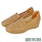 【GREEN PHOENIX】女 樂福鞋 便鞋 楔型鞋 小坡跟 全真皮 OL 通勤 EU35 卡其色