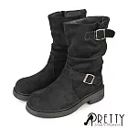 【Pretty】女 中筒靴 貼腿靴 機車靴 騎士靴 厚底 抓皺 皮帶釦 JP23 黑色