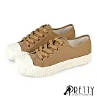 【Pretty】女 帆布鞋 休閒鞋 餅乾鞋 貝殼鞋 奶油頭 綁帶 復古 台灣製 JP23 卡其色