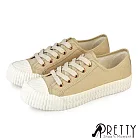 【Pretty】女 帆布鞋 休閒鞋 餅乾鞋 貝殼鞋 奶油頭 綁帶 復古 台灣製 JP23 米色
