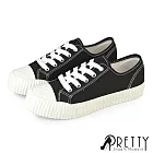 【Pretty】女 帆布鞋 休閒鞋 餅乾鞋 貝殼鞋 奶油頭 綁帶 復古 台灣製 JP23 黑色
