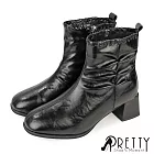 【Pretty】女 短靴 貼腿靴 粗跟 拉鍊 絨毛 抓皺 時尚 EU36 黑色