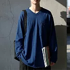 日本Antiqua｜復古質感V領口袋｜長袖T恤｜全棉輕鬆駕馭隨興造型｜實穿包色基本款｜男女適用 L-XL 藍色Plus
