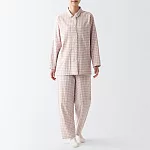 【MUJI 無印良品】女有機棉無側縫二重紗織家居睡衣 XL 粉紅格紋