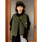 【慢。生活】日系疊穿菱格小口袋短款開扣夾棉背心 1999  FREE 綠色