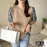 【Jilli~ko】條紋燈籠袖拼接後寬鬆設計款上衣 J10209  FREE 卡其色