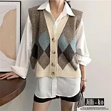 【Jilli~ko】配色菱格毛呢針織背心 1328  FREE 淺咖