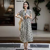 【Jilli~ko】法式文藝風高級感棉麻波點連衣裙 L-XL 905  L 灰色