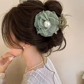 【JENG】法式甜美氛圍感珍珠網紗大花朵鯊魚夾(69020) _綠色