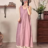 【初色】棉麻簡約文藝風撞色寬鬆圓領無袖背心連衣裙連身洋裝長裙-共3色-11832(M-2XL可選) M 粉色