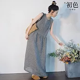 【初色】棉麻風寬鬆圓領無袖格紋背心中長連衣裙連身洋裝-共2色-11856(M-2XL可選) M 黑格子