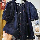 【ACheter】 韓系重工刺繡小愛心圓領棉麻襯衫短袖上衣# 125202 M 藏青色