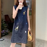 【ACheter】 歐風卡通刺繡復古無袖牛仔背心洋裝# 125290 L 牛仔藍色