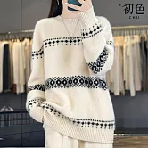 【初色】簡約線條復古休閒寬鬆圓領長袖針織毛衣上衣女上衣-共6色-16198(F可選) F 米色
