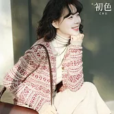 【初色】復古文藝緹花拼接撞色單排釦圓領長袖針織開衫外套女外套-共2色-16129(F可選) F 粉色