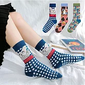 【AnZa】貓咪法式印花厚棉中筒襪(3入組)       藍色系