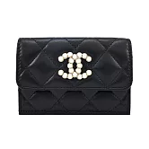 CHANEL 珍珠CC經典LOGO 小羊皮三折短夾(黑色)