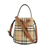 BURBERRY 格紋帆布及皮革迷你水桶包 (經典米色/石楠木棕)