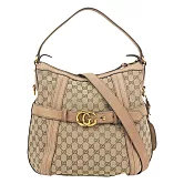 GUCCI 金色GG Logo 緹花布及皮革肩背/斜背包_展示品 (卡其/粉膚)
