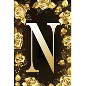 N: Letter Initial Monogram Personalized Notebook - Customized Pretty Shiny Gold & Black Floral Print Designed Journal For