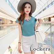 【Lockers 木櫃】歐美款亞麻無袖上衣高腰顯瘦短褲套組(藍上衣+白短褲)