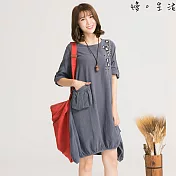 【慢。生活】金繡花設計款棉麻連身裙-M-2L　M藍