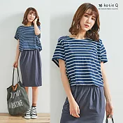 【KatieQ】後開衩假兩件條紋洋裝-F　FREE藍
