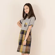 【A.Cheter】棉麻感寬鬆拼接彩格圓領短袖洋裝000060M深藍