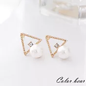 【卡樂熊】幾何鏤空三角水鑽珍珠耳環-金色