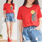 【MsMore】棉柔感立體刺繡花朵圓領短袖上衣1004542XL紅
