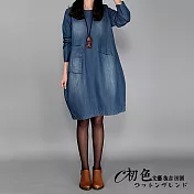 【初色】寬鬆時尚中長款牛仔連衣裙-藍色-90261M藍色
