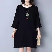 【A.Cheter】棉麻感素色露肩鬚邊長袖洋裝100618L黑