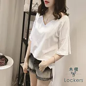 【Lockers 木櫃】赫拉 雙V領寬鬆不規則純色短袖T桖/上衣3色(白色)
