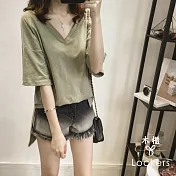 【Lockers 木櫃】赫拉 雙V領寬鬆不規則純色短袖T桖/上衣3色(軍綠色)