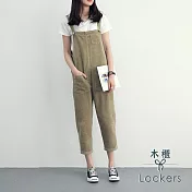 【Lockers 木櫃】燈芯絨直筒連體九分褲背帶褲/吊帶褲(卡其色)