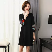 【MsMore】韓系優雅女人蕾絲刺繡澎澎袖洋裝101767M黑