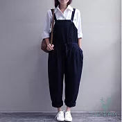 【Lockers 木櫃】寬鬆休閒文藝棉麻背帶褲顯瘦長褲藍色