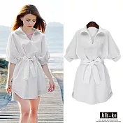 【Jilli~ko】V領腰帶打結連身裙-F J5899　FREE白色