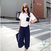 【Lockers 木櫃】  短袖上衣+七分闊腿褲兩件套裝(白+藍)