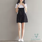 【Lockers 木櫃】 文藝拼接抽繩休閒背帶短褲-2色(黑色L)