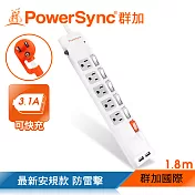 群加 PowerSync 六開五插防雷擊USB延長線/1.8m(TPS365UB9018)