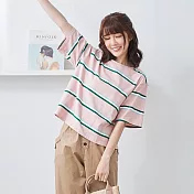 【慢。生活】配色條紋彈性色織短T-F 8518　FREE粉紅