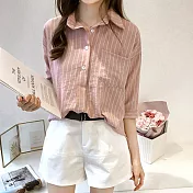 【MsMore】韓劇女主角經典透氣寬鬆條紋七分袖襯衫*102753L粉紅